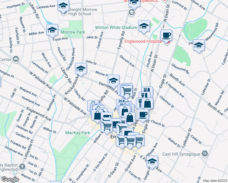 map of restaurants, bars, coffee shops, grocery stores, and more near 68 West Demarest Avenue in Englewood