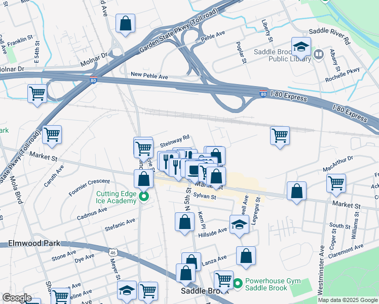 map of restaurants, bars, coffee shops, grocery stores, and more near 467 Dewey Avenue in Saddle Brook