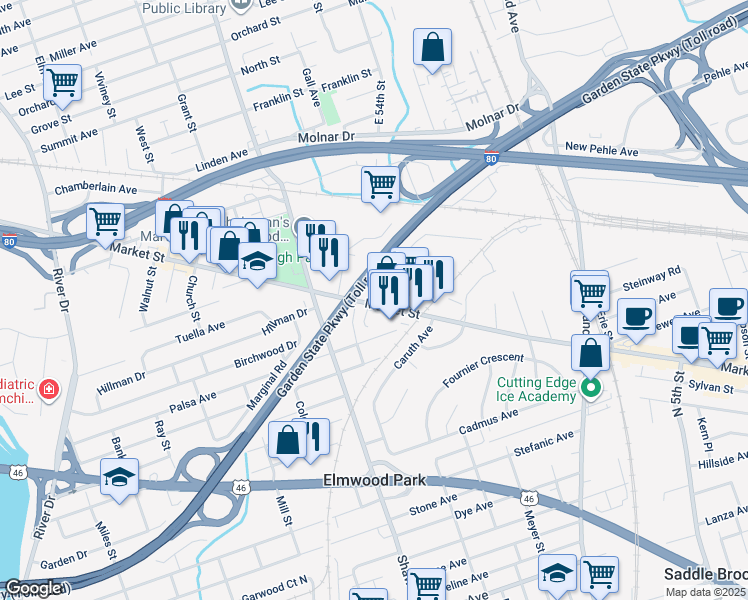 map of restaurants, bars, coffee shops, grocery stores, and more near 404 Market Street in Elmwood Park