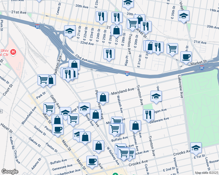 map of restaurants, bars, coffee shops, grocery stores, and more near 103 Maryland Avenue in Paterson