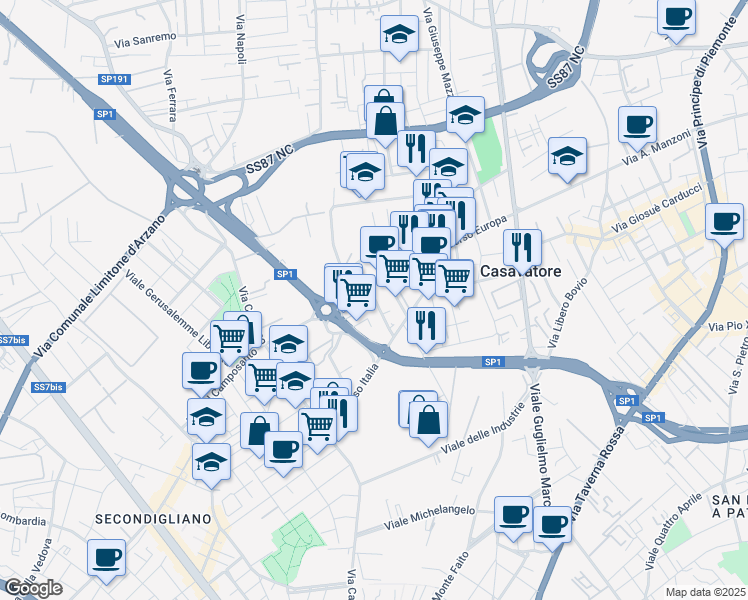 map of restaurants, bars, coffee shops, grocery stores, and more near 171 Corso Europa in Napoli