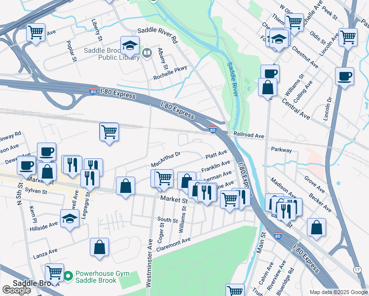 map of restaurants, bars, coffee shops, grocery stores, and more near 28 Macarthur Drive in Saddle Brook
