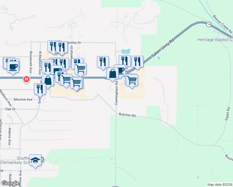 map of restaurants, bars, coffee shops, grocery stores, and more near 240 Cunningham Road in Salem