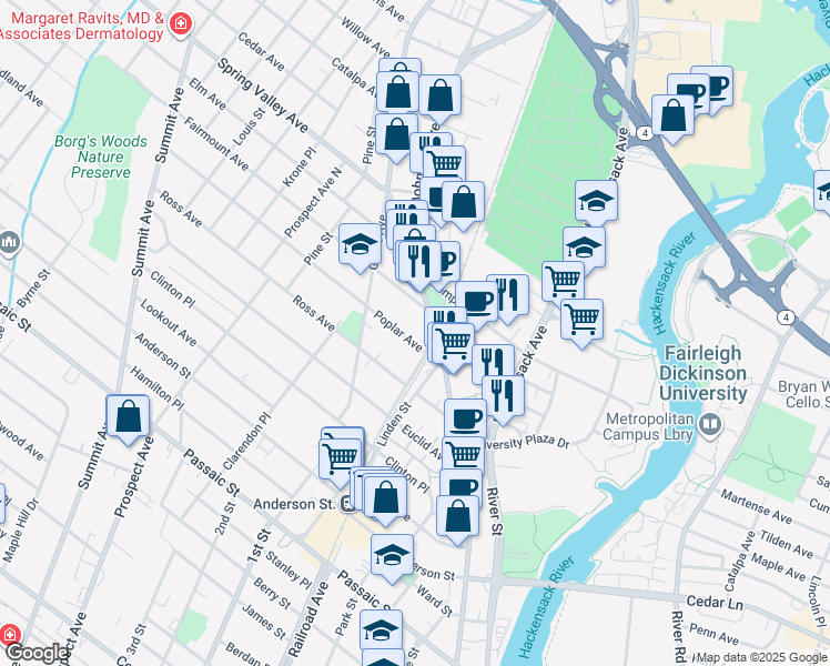 map of restaurants, bars, coffee shops, grocery stores, and more near 40 Poplar Avenue in Hackensack
