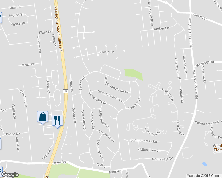 map of restaurants, bars, coffee shops, grocery stores, and more near 16 Magic Mountain Drive in Coram