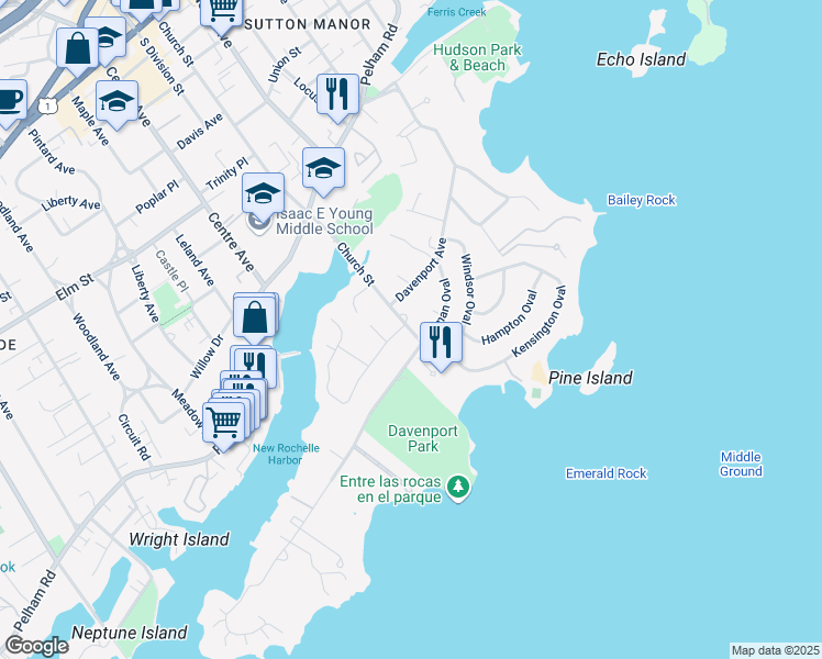 map of restaurants, bars, coffee shops, grocery stores, and more near 254 Davenport Avenue in New Rochelle