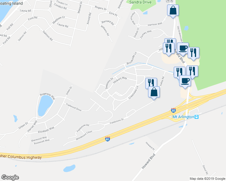 map of restaurants, bars, coffee shops, grocery stores, and more near 76 Maple Lane in Mount Arlington