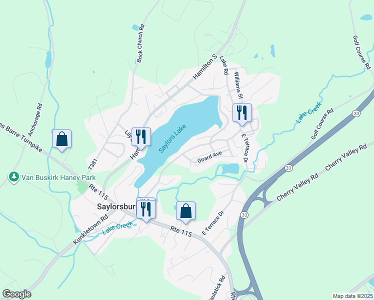 map of restaurants, bars, coffee shops, grocery stores, and more near 185 Lake Road in Saylorsburg