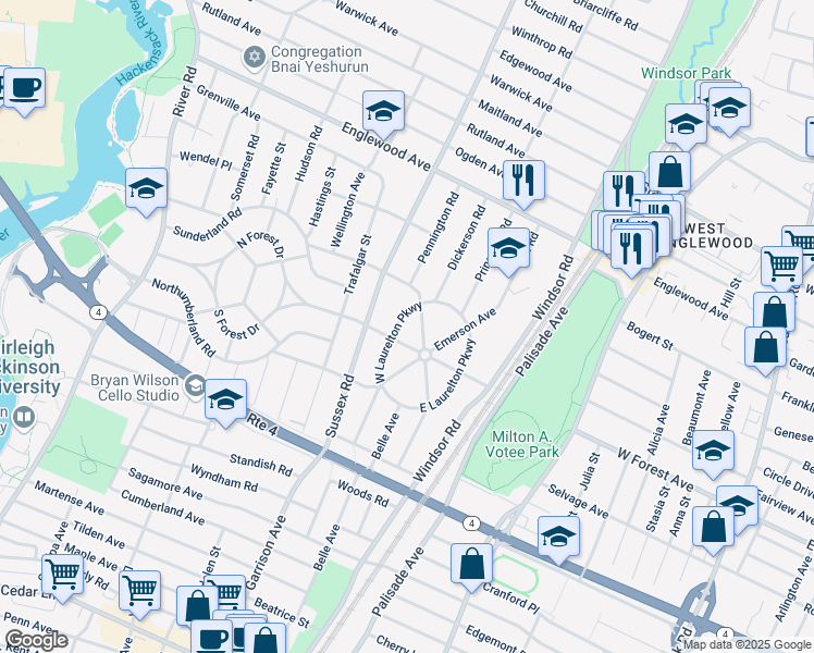 map of restaurants, bars, coffee shops, grocery stores, and more near 1212 Kensington Road in Teaneck