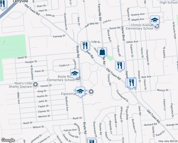 map of restaurants, bars, coffee shops, grocery stores, and more near 803 Constance Lane in Port Jefferson Station