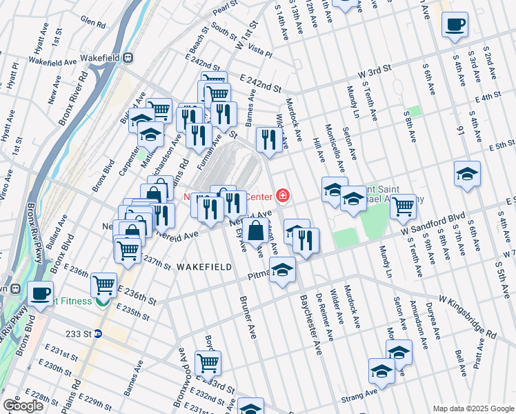 map of restaurants, bars, coffee shops, grocery stores, and more near in The Bronx