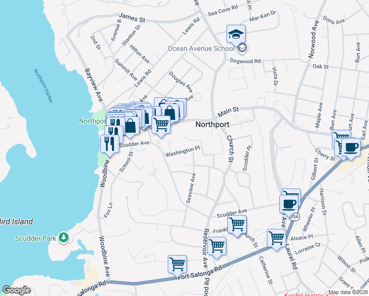 map of restaurants, bars, coffee shops, grocery stores, and more near 36 Washington Place in Northport