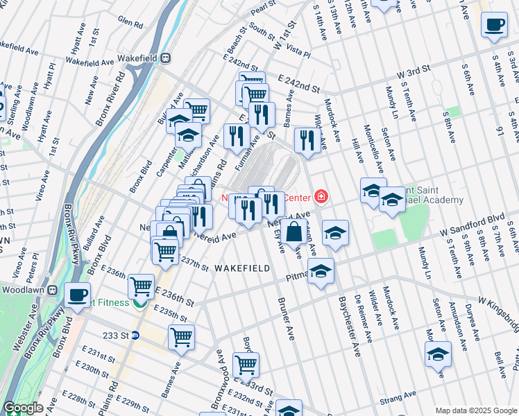 map of restaurants, bars, coffee shops, grocery stores, and more near in The Bronx