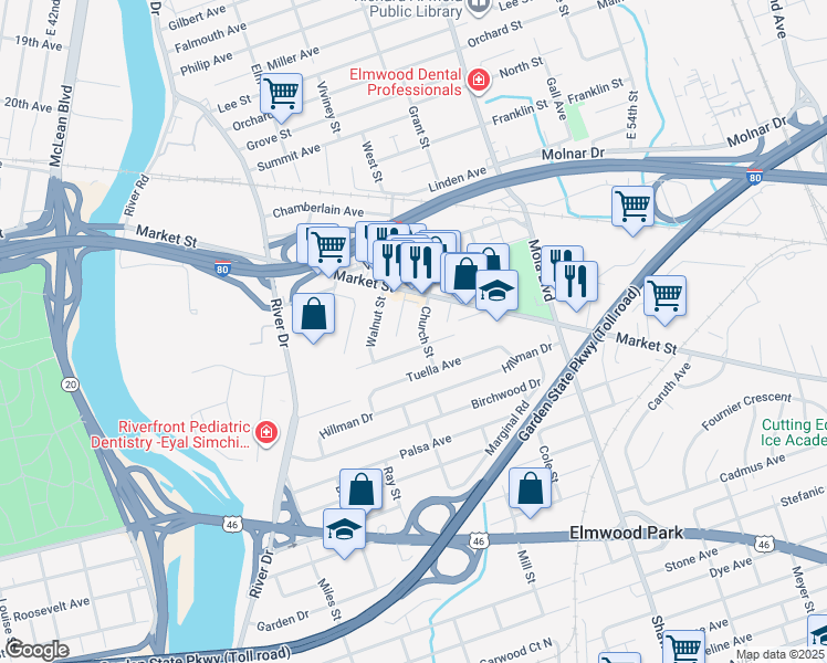 map of restaurants, bars, coffee shops, grocery stores, and more near 45 Church Street in Elmwood Park