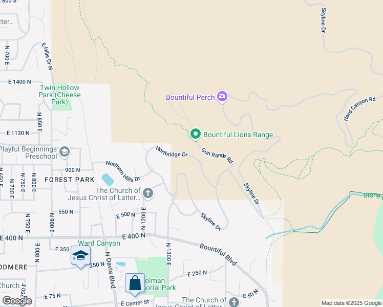 map of restaurants, bars, coffee shops, grocery stores, and more near 1375 Northridge Drive in Bountiful