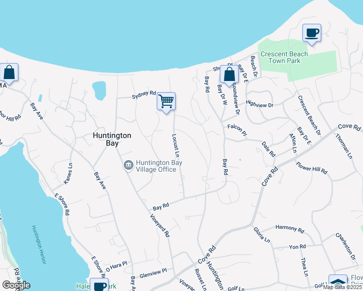 map of restaurants, bars, coffee shops, grocery stores, and more near 14 Locust Lane in Huntington