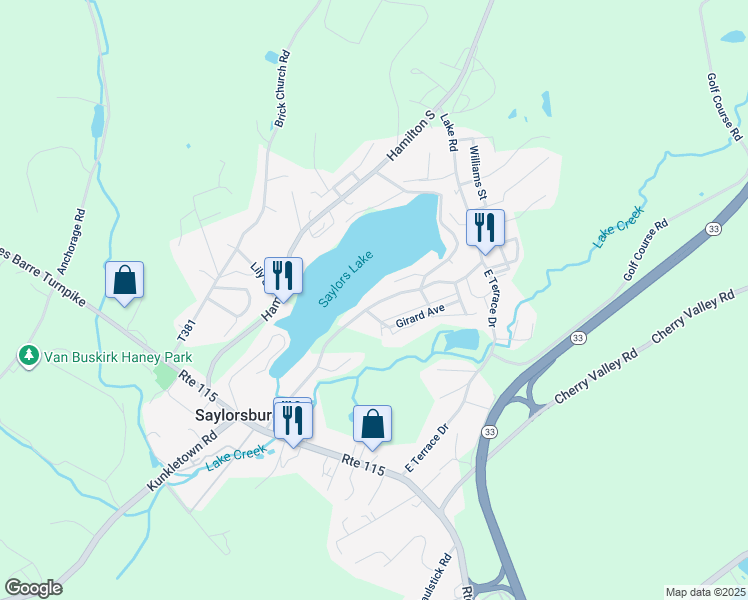 map of restaurants, bars, coffee shops, grocery stores, and more near 185 Lake Road in Saylorsburg