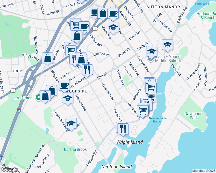 map of restaurants, bars, coffee shops, grocery stores, and more near 59 Meadow Lane in New Rochelle