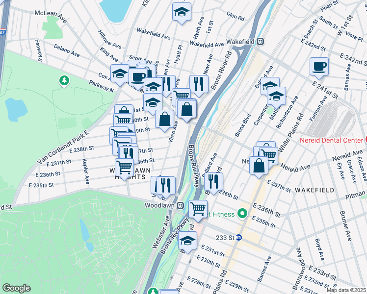 map of restaurants, bars, coffee shops, grocery stores, and more near in The Bronx