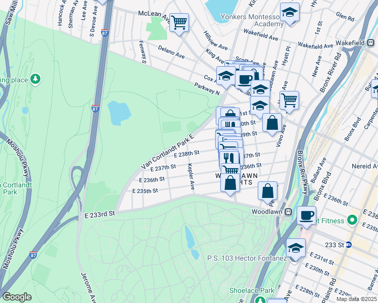map of restaurants, bars, coffee shops, grocery stores, and more near 210 East 238th Street in The Bronx
