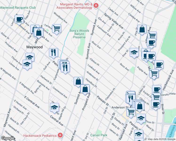 map of restaurants, bars, coffee shops, grocery stores, and more near 377 Anderson Street in Hackensack