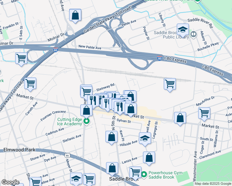 map of restaurants, bars, coffee shops, grocery stores, and more near 467 Dewey Avenue in Saddle Brook