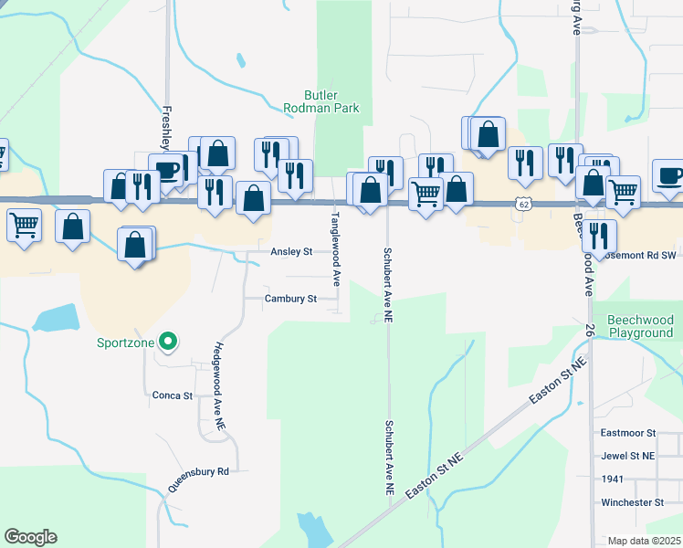 map of restaurants, bars, coffee shops, grocery stores, and more near 2145 Tanglewood Avenue in Alliance