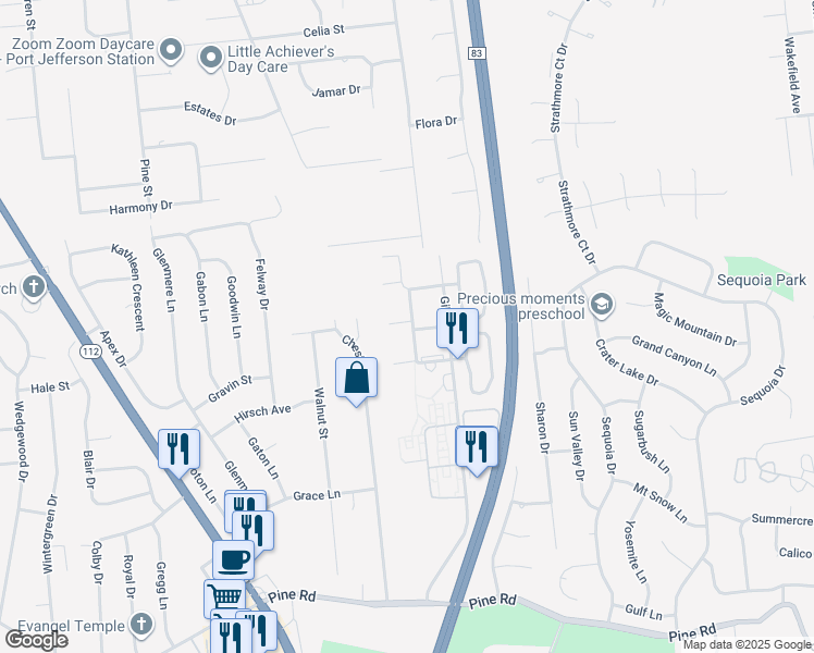 map of restaurants, bars, coffee shops, grocery stores, and more near 98-2,99-1 Houston Court in Coram