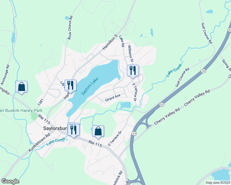 map of restaurants, bars, coffee shops, grocery stores, and more near 405 Saylors Road in Saylorsburg