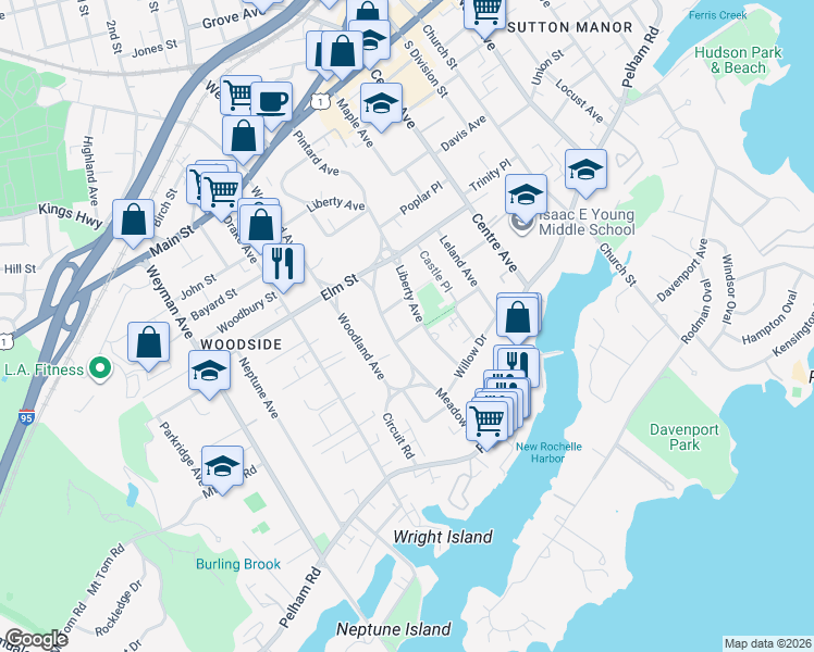 map of restaurants, bars, coffee shops, grocery stores, and more near 65 Chestnut Lane in New Rochelle