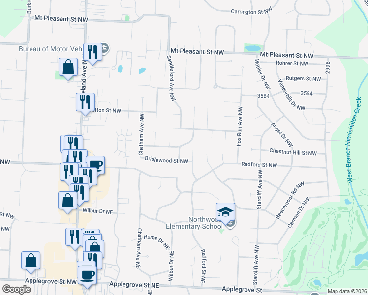 map of restaurants, bars, coffee shops, grocery stores, and more near 7700 Newgate Avenue Northwest in North Canton
