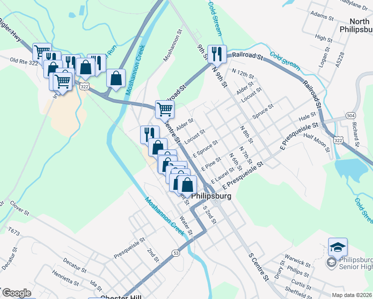 map of restaurants, bars, coffee shops, grocery stores, and more near 309 East Spruce Street in Philipsburg