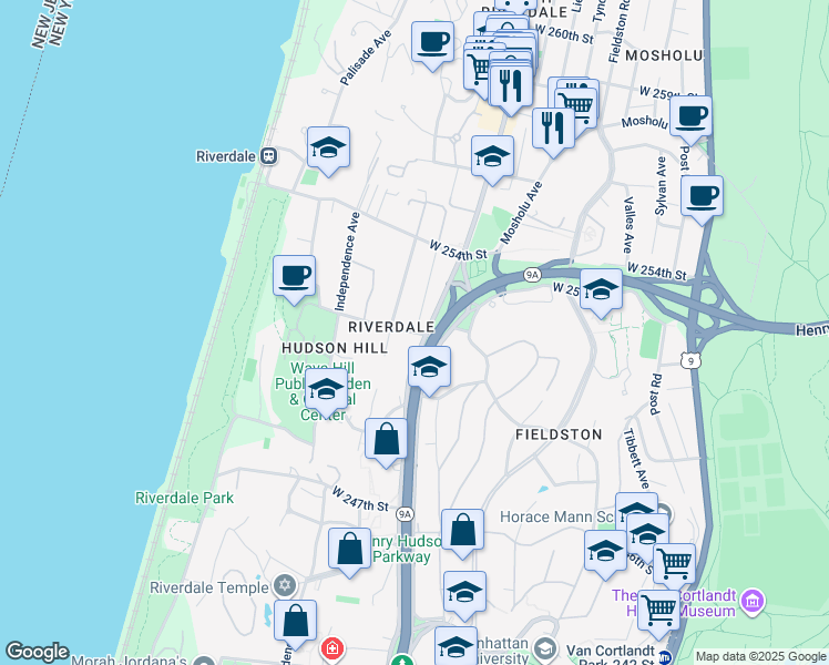 map of restaurants, bars, coffee shops, grocery stores, and more near 5145 Netherland Avenue in Bronx