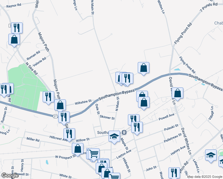 map of restaurants, bars, coffee shops, grocery stores, and more near 381 North Main Street in Southampton