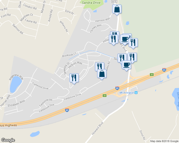 map of restaurants, bars, coffee shops, grocery stores, and more near 19 Crestview Lane in Mount Arlington