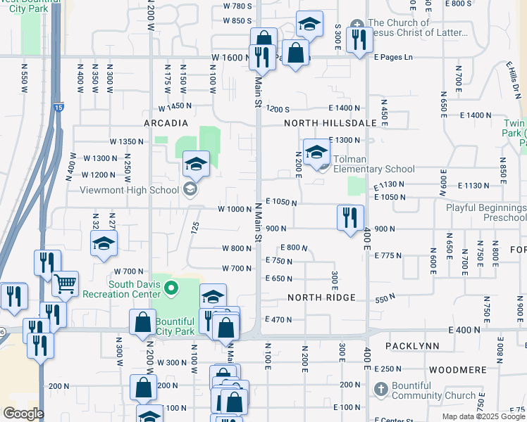 map of restaurants, bars, coffee shops, grocery stores, and more near 95 900 North in Bountiful