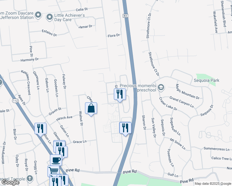 map of restaurants, bars, coffee shops, grocery stores, and more near 120 Point Circle in Coram