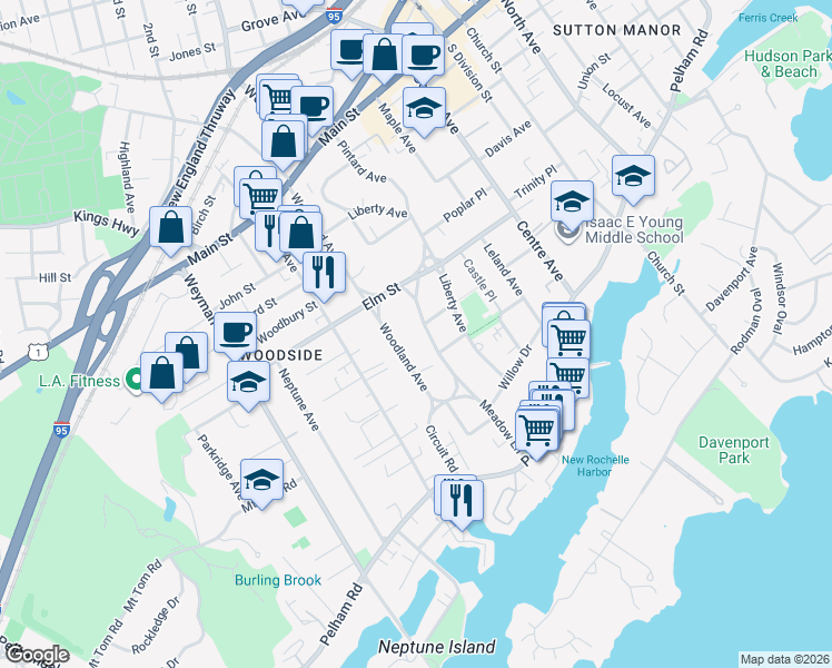 map of restaurants, bars, coffee shops, grocery stores, and more near 59 Meadow Lane in New Rochelle