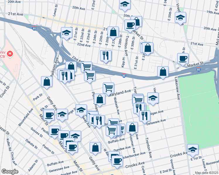 map of restaurants, bars, coffee shops, grocery stores, and more near 103 Maryland Avenue in Paterson