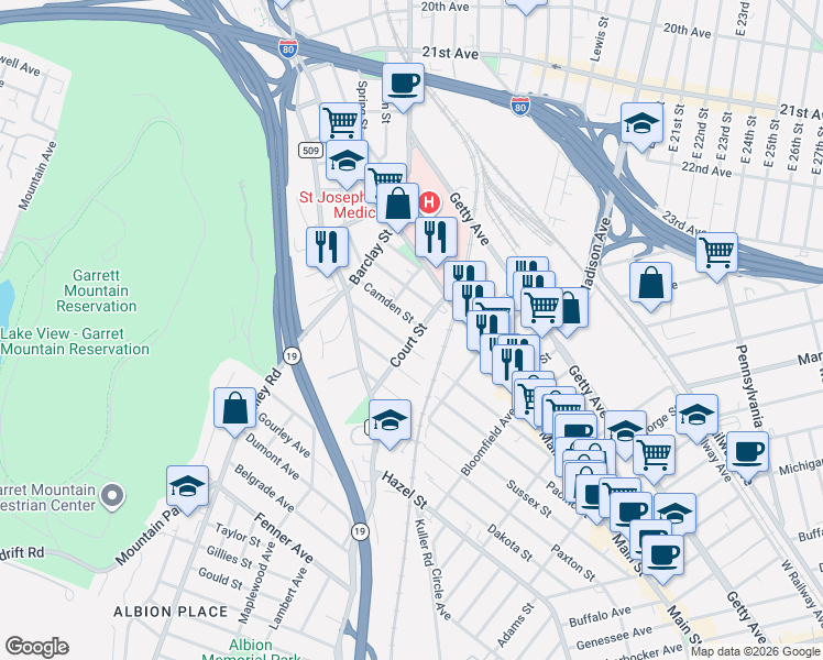 map of restaurants, bars, coffee shops, grocery stores, and more near 201 Atlantic Street in Paterson