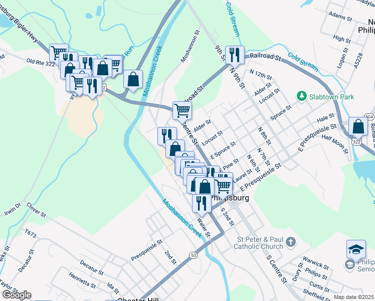 map of restaurants, bars, coffee shops, grocery stores, and more near 316 North 2nd Street in Philipsburg