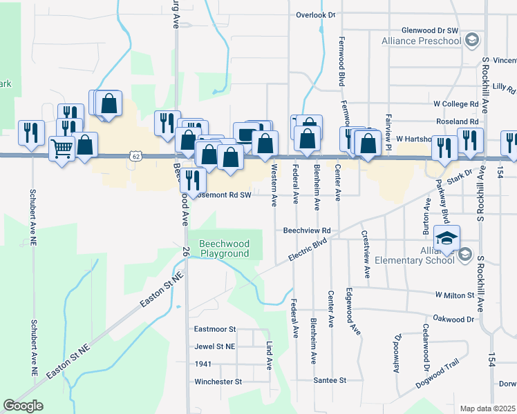 map of restaurants, bars, coffee shops, grocery stores, and more near 2171 Western Avenue in Alliance