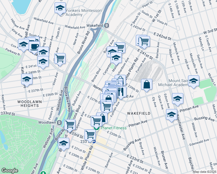 map of restaurants, bars, coffee shops, grocery stores, and more near 665 East 238th Street in Bronx