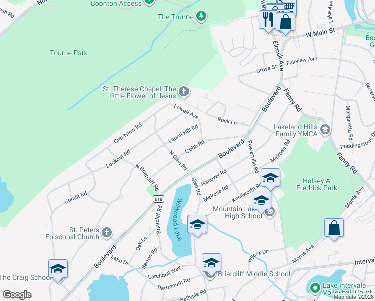 map of restaurants, bars, coffee shops, grocery stores, and more near 111 Boulevard in Mountain Lakes
