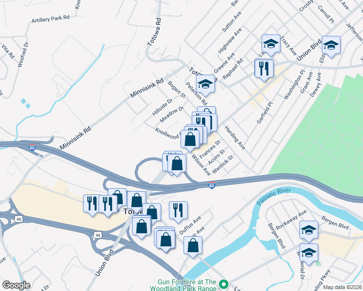 map of restaurants, bars, coffee shops, grocery stores, and more near 601 County Route 646 in Totowa