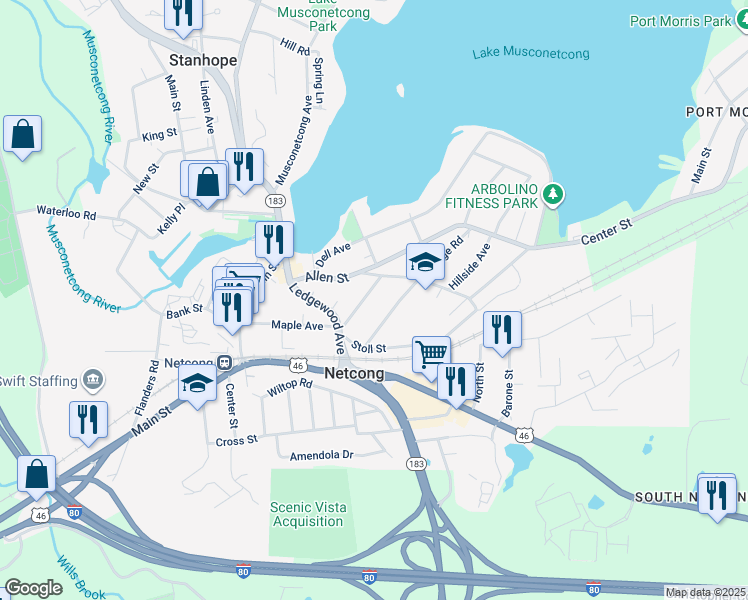map of restaurants, bars, coffee shops, grocery stores, and more near 6 Allen Terrace in Netcong