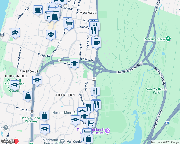 map of restaurants, bars, coffee shops, grocery stores, and more near 6295 U.S. 9 in Bronx