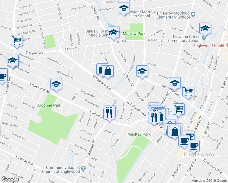map of restaurants, bars, coffee shops, grocery stores, and more near 252 West Palisade Avenue in Englewood