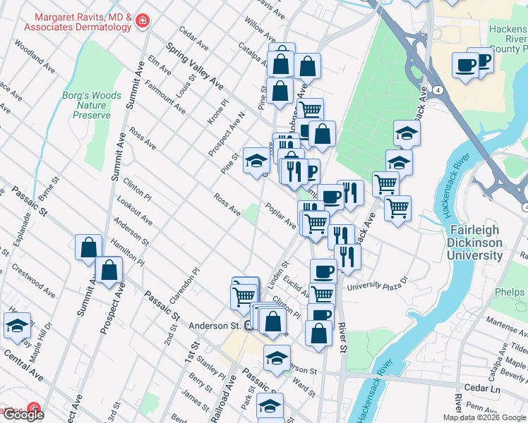 map of restaurants, bars, coffee shops, grocery stores, and more near 80 Grand Avenue in Hackensack