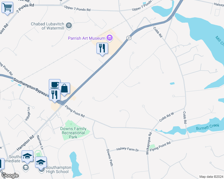map of restaurants, bars, coffee shops, grocery stores, and more near 105 Mill Creek Close in Water Mill